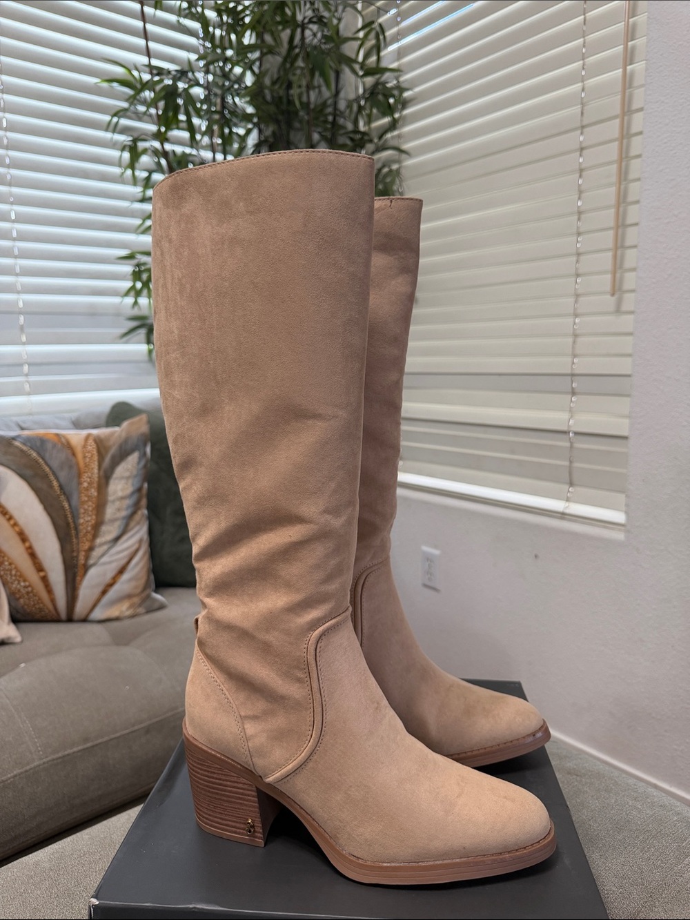 Sam & Libby Over-the-Knee Taupe Suede Block Heel Boots